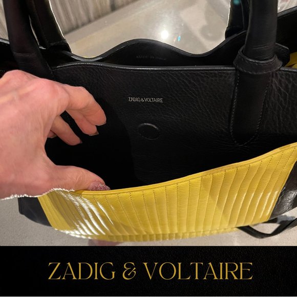 ZADIG & VOLTAIRE LARGE DRAMATIC CANDIDE YELLOW AND BLACK LEATHER TOTE - Picture 9 of 11